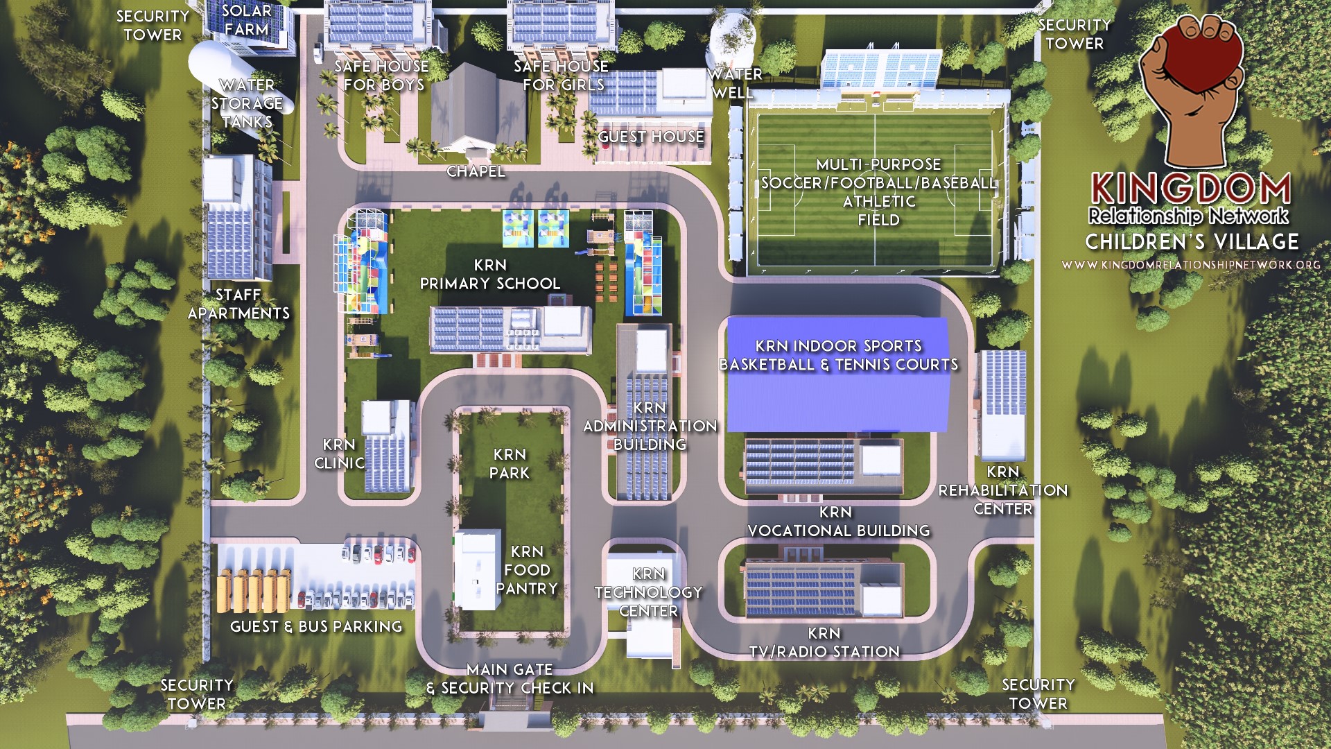 Top-down master plan rendering of the KRN Children's Village in Liberia