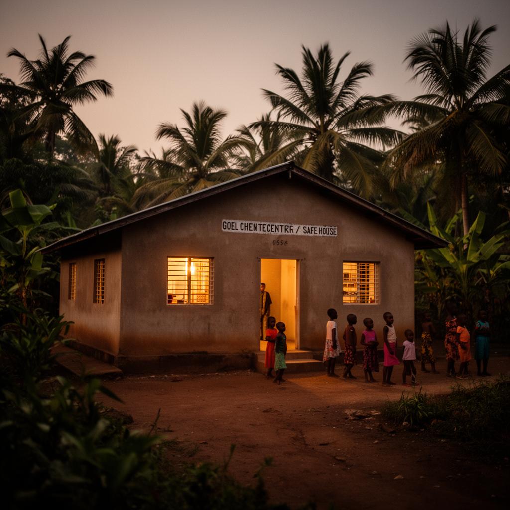 A safe home glowing at dusk in Liberia